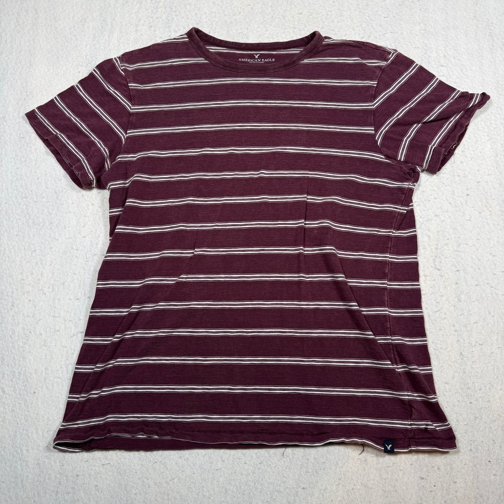 American Eagle Mens Large Burgundy Striped Short Sleeve Crew Neck T-Shirt